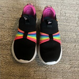 Girls 11.5 Skechers Black Slip-On Sneakers with Neon Elastic Strap Detail